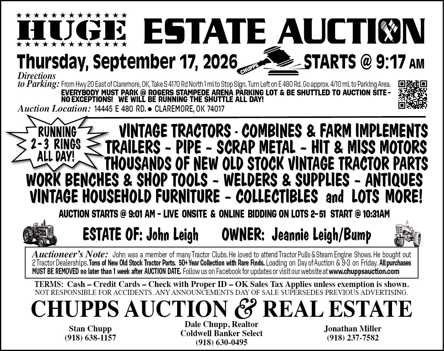 Chupps estate auction September 17, 2026 in Claremore, Oklahoma